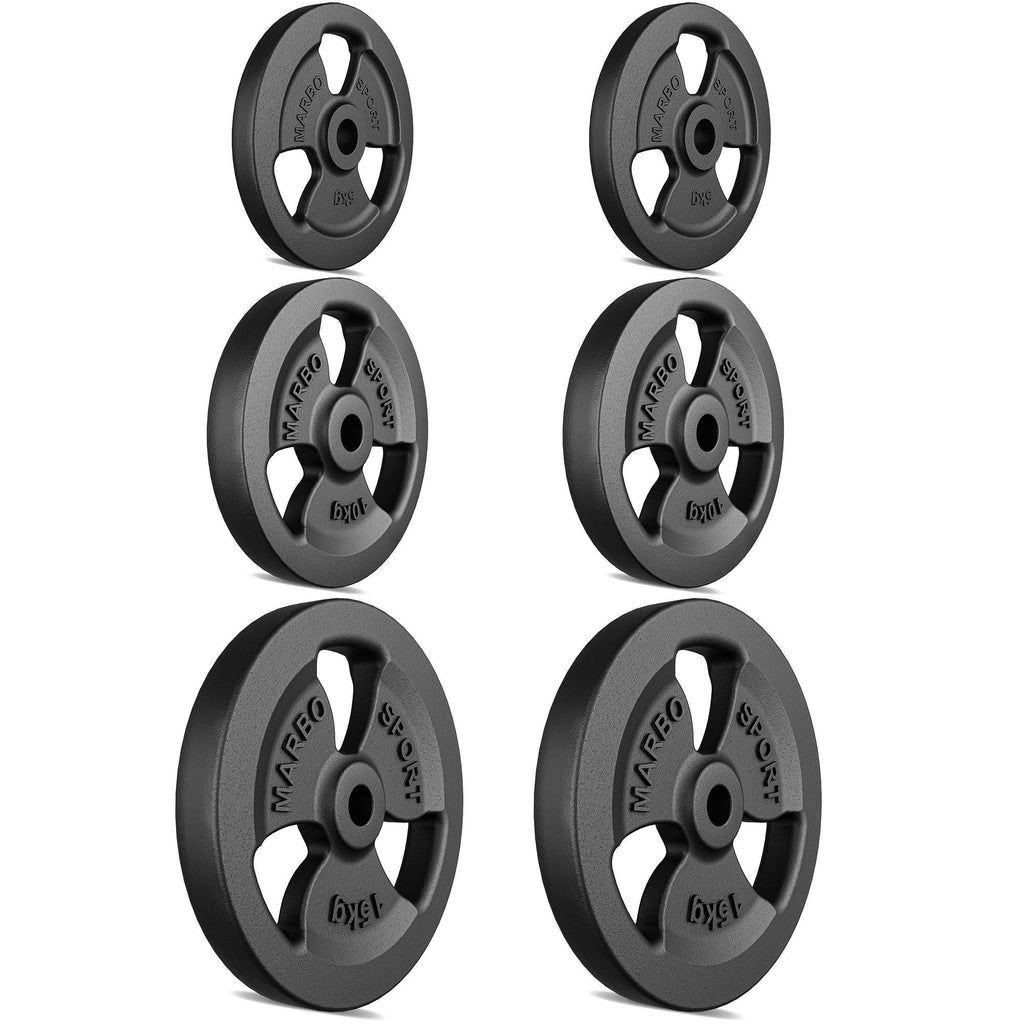 Tri-Grip Guss Hantelscheiben-Set Gewichte mit ø30/31 mm Bohrung | Set 60 kg / 2 x 15 kg + 2 x 10 kg + 2 x 5 kg - Marbo Sport – Ansicht 2