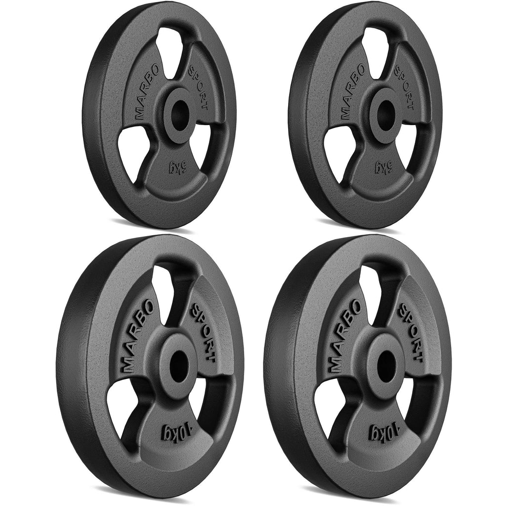 Tri-Grip Guss Hantelscheiben-Set Gewichte mit ø30/31 mm Bohrung | Set 30 kg / 2 x 10 kg + 2 x 5 kg - Marbo Sport – Ansicht 2