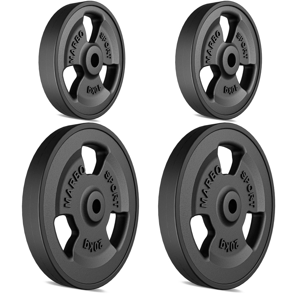 Tri-Grip gummierte Guss Hantelscheiben-Set Gewichte mit ø30/31 mm Bohrung | Set 60 kg / 2 x 20 kg + 2 x 10 kg - Marbo Sport – Ansicht 2