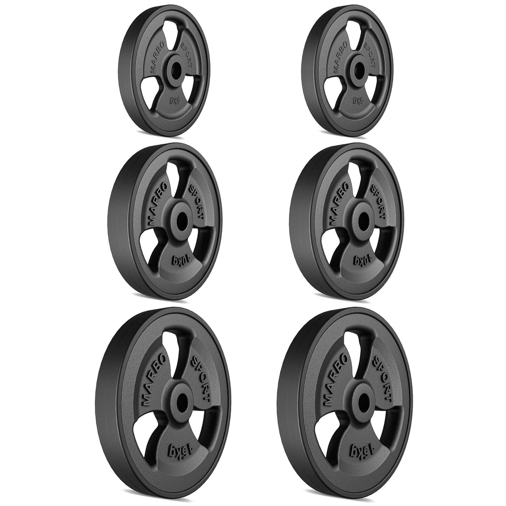 Tri-Grip gummierte Guss Hantelscheiben-Set Gewichte mit ø30/31 mm Bohrung | Set 60kg / 2 x 15 kg + 2 x 10 kg + 2 x 5 kg - Marbo Sport – Ansicht 2