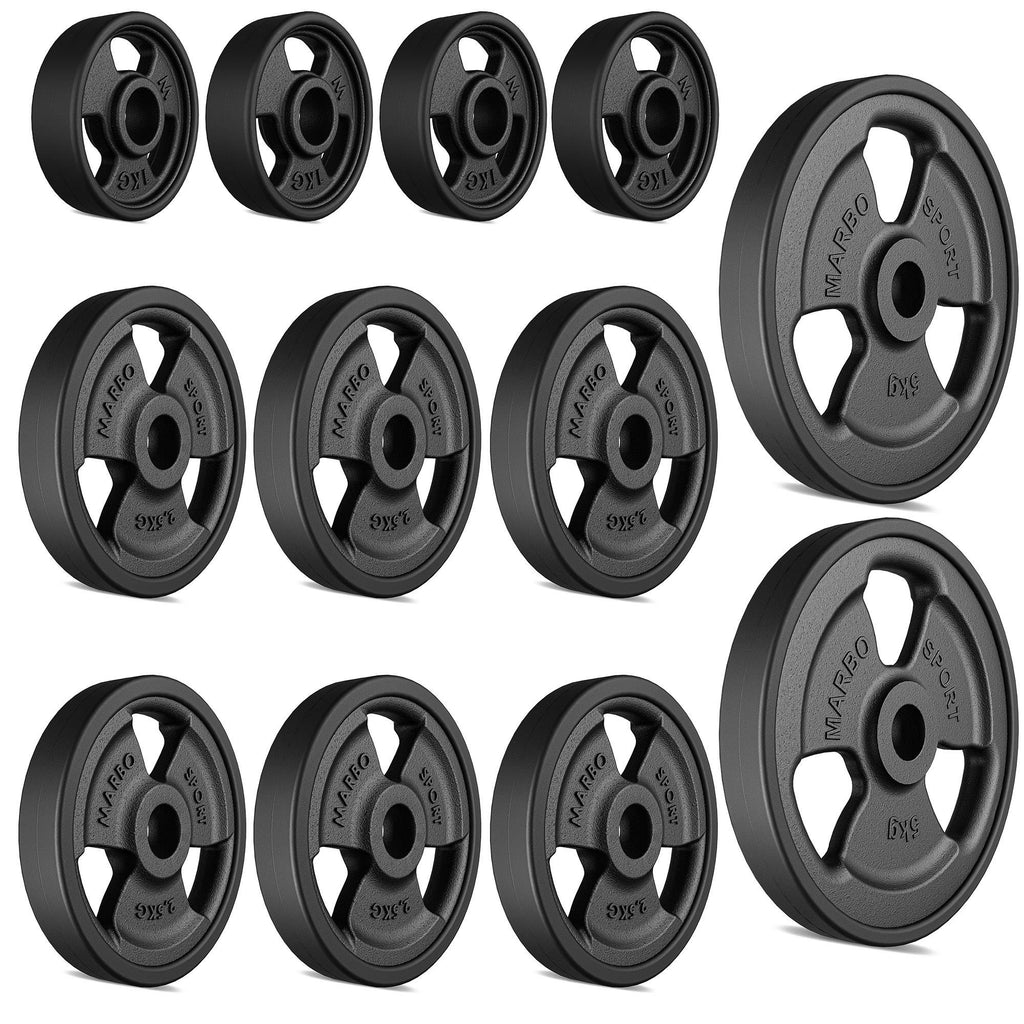 Tri-Grip gummierte Guss Hantelscheiben-Set Gewichte mit ø30/31 mm Bohrung | Set 29 kg / 2 x 5 kg + 6 x 2,5 kg + 4 x 1 kg - Marbo Sport – Ansicht 2