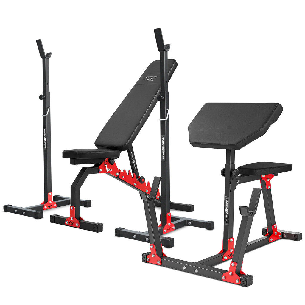 Set MH9 | beidseitig verstellbare Hantelbank MH-L114 + Scott-Bank (Curl Pult) MH-L105 + höhenverstellbarer Hantelständer MH-S001 x2 - Marbo Sport – Ansicht 1