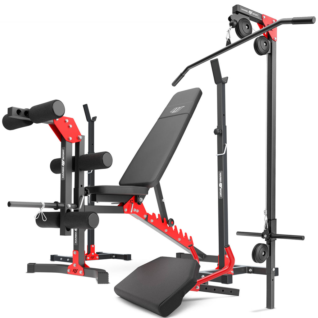 Set MH25 | Hantelbank MH-L115 + 2 x Hantelständer MH-S201 + Beintrainer MH-A102 + Latzugstation MH-W104 + Curl Pult MH-A101 - Marbo Sport – Ansicht 1