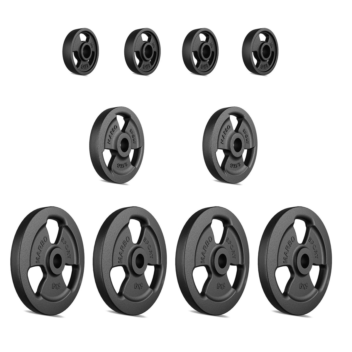 Tri-Grip Guss Hantelscheiben-Set Gewichte mit ø30/31 mm Bohrung | Set 29 kg / 4 x 5 kg + 2 x 2,5 kg + 4 x 1 kg - Marbo Sport – Ansicht 2