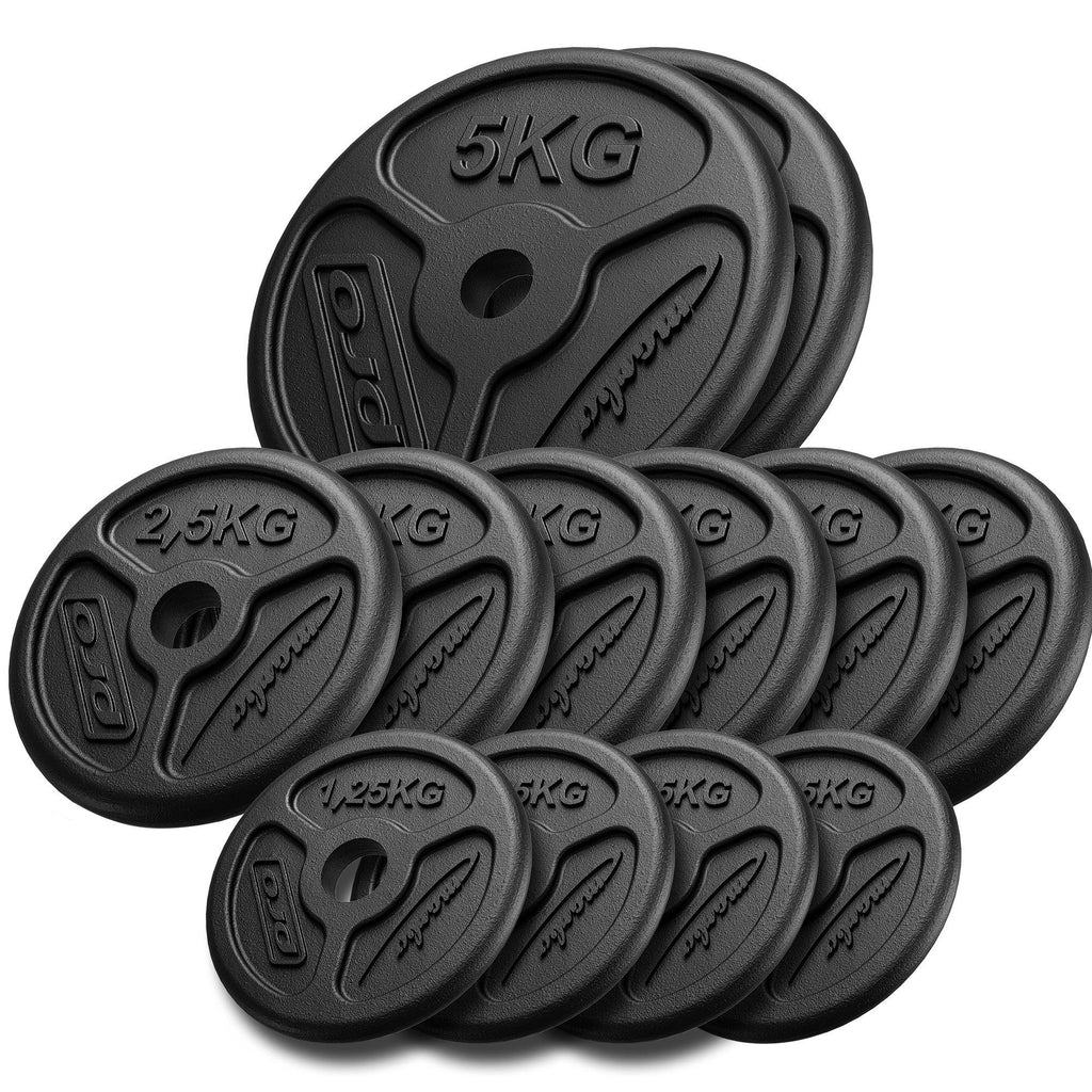 Slim Guss Hantelscheiben-Set Gewichte mit ø30/31 mm Bohrung | Set 30 kg / 4 x 1,25 kg, 6 x 2,5 kg, 2 x 5 kg - Marbo Sport – Ansicht 1