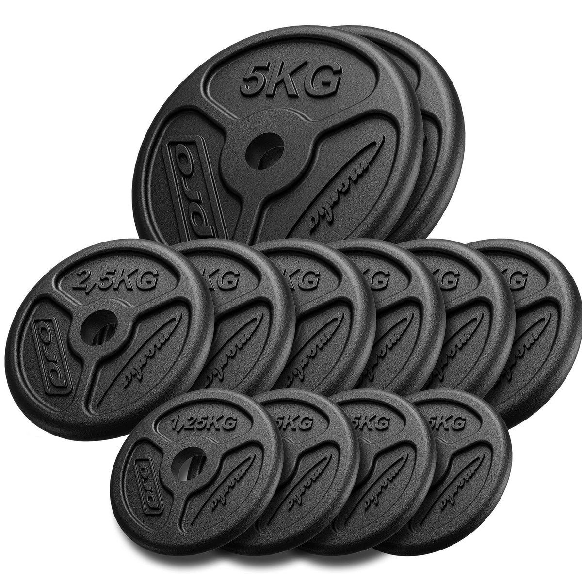 Slim Guss Hantelscheiben-Set Gewichte mit ø30/31 mm Bohrung | Set 30 kg / 4 x 1,25 kg, 6 x 2,5 kg, 2 x 5 kg - Marbo Sport – Ansicht 1