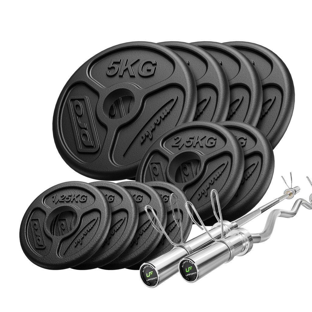 Hantelset 55 kg | Olympische Langhantelstange 180 cm + leicht gebogene SZ-Stange 120 cm + Gewichtsscheiben 4×5 kg, 2×2,5 kg, 4×1,25 kg – Marbo Sport – Ansicht 1