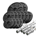 Hantelset 65 kg | Olympische Langhantelstange 180 cm + leicht gebogene SZ-Stange 120 cm + 2× Kurzhantelstange 50 cm + Gewichtsscheiben 2×5 kg, 6×2,5 kg, 4×1,25 kg – Marbo Sport – Ansicht 1