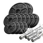 Hantelset 65 kg | Olympische Langhantelstange 180 cm + leicht gebogene SZ-Stange 120 cm + 2× Kurzhantelstange 50 cm + Gewichtsscheiben 2×5 kg, 6×2,5 kg, 4×1,25 kg – Marbo Sport – Ansicht 1