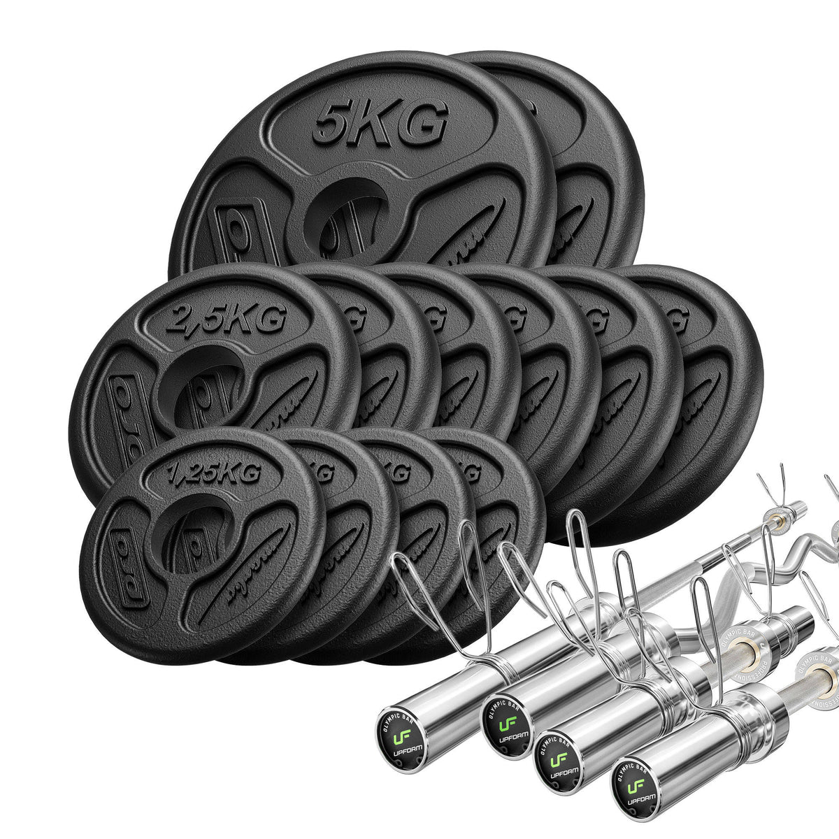 Hantelset 65 kg | Olympische Langhantelstange 180 cm + leicht gebogene SZ-Stange 120 cm + 2× Kurzhantelstange 50 cm + Gewichtsscheiben 2×5 kg, 6×2,5 kg, 4×1,25 kg – Marbo Sport – Ansicht 1