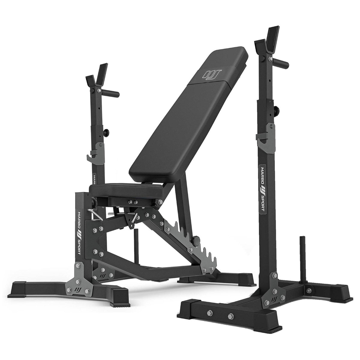 Set MS30_2.0 | Beidseitig verstellbare Trainingsbank + mehrstufige Hantelablagen (2 Stück) mit Sicherung – Marbo Sport – Ansicht 1