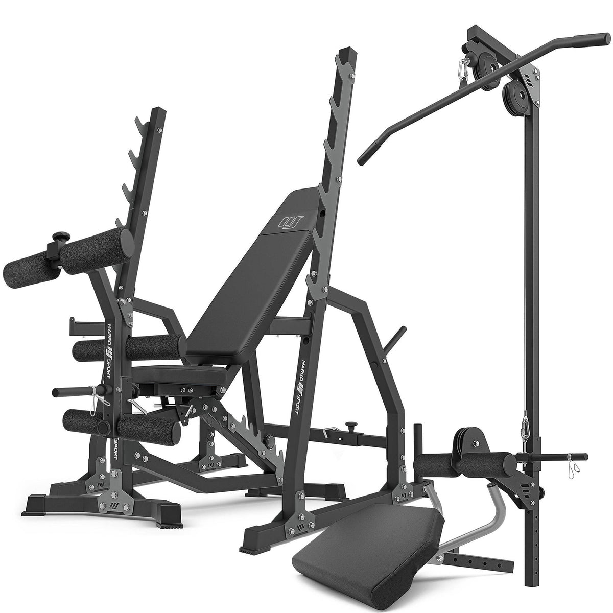 Set MS36_2.0 | Beidseitig verstellbare Trainingsbank + Hantelständer mit Sicherung und Breitenverstellung + Scott-Curl-Aufsatz + Beinpresse – Marbo Sport – Ansicht 1