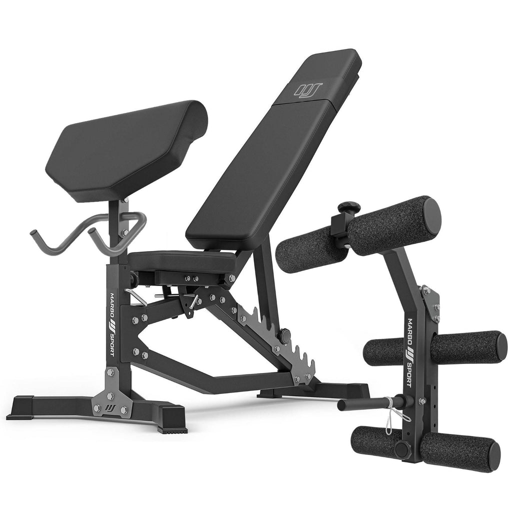 Set MS39_2.0 | Beidseitig verstellbare Trainingsbank + Scott-Curl-Aufsatz + Beinpresse – Marbo Sport – Ansicht 1