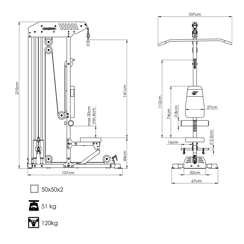 Stationärer Latzug mit oberem und unterem Seilzug inkl. Sitzbank MS-W101 2.0 – Marbo Sport – Ansicht 4