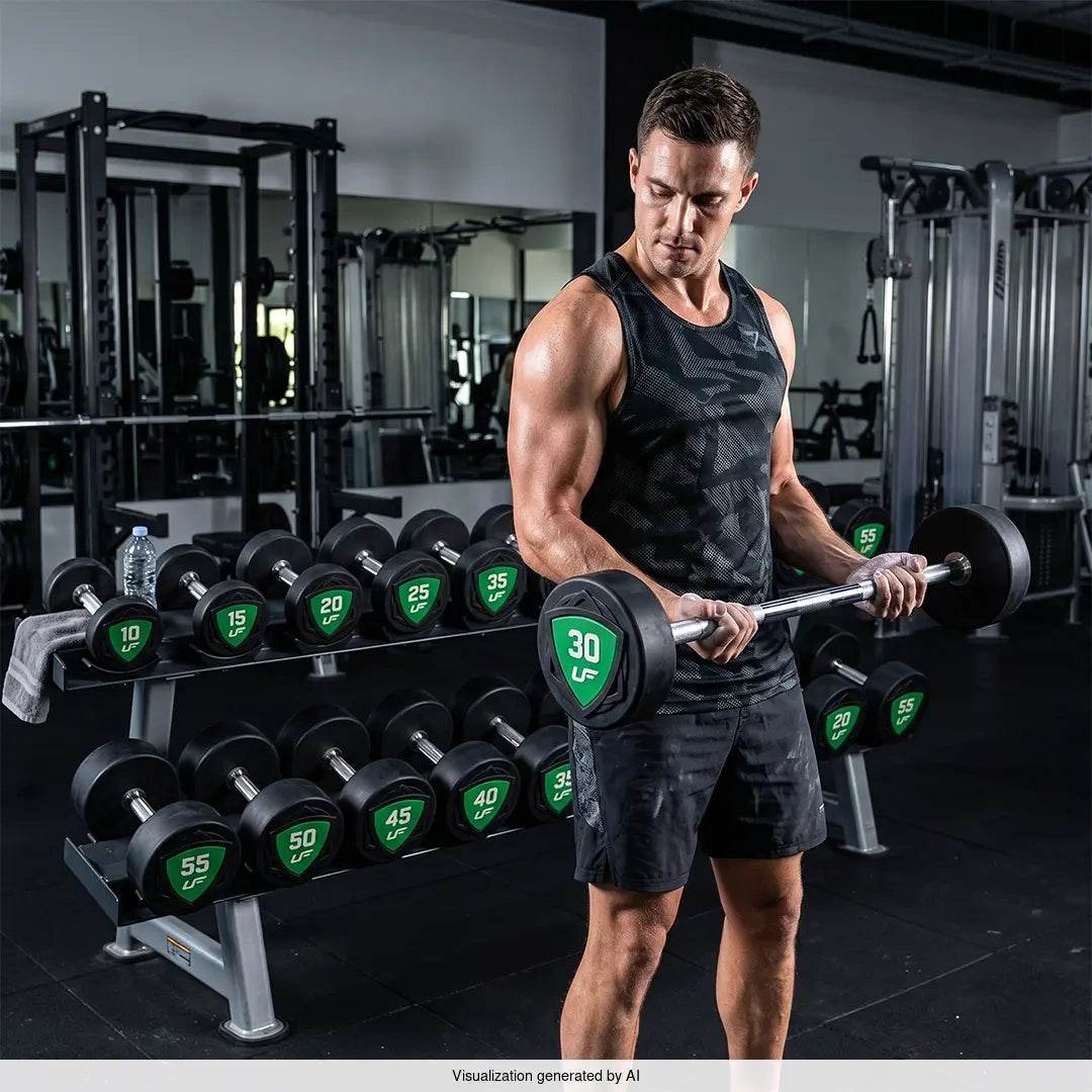 Set gerader Polyurethan-Fixhanteln 10–55 kg (5-kg-Abstufung), Gesamtgewicht 325 kg – UpForm – Ansicht 13